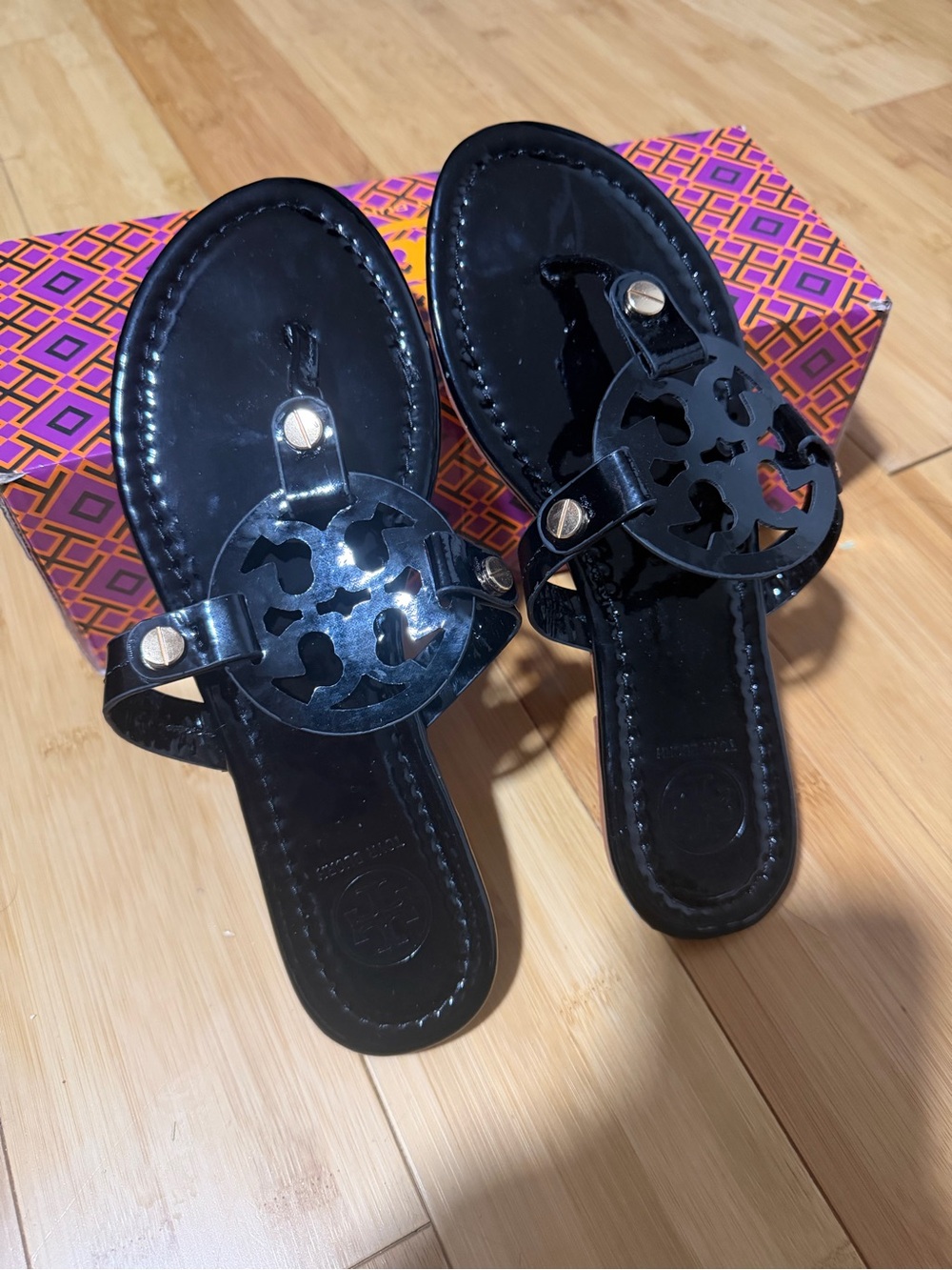 Black Patent Logo-Emblem Slide Sandals